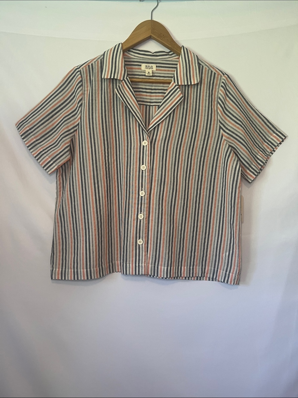 a.n.a Striped Camp Collar Button Down Shirt NWT M Cotton CoastalGrandmother